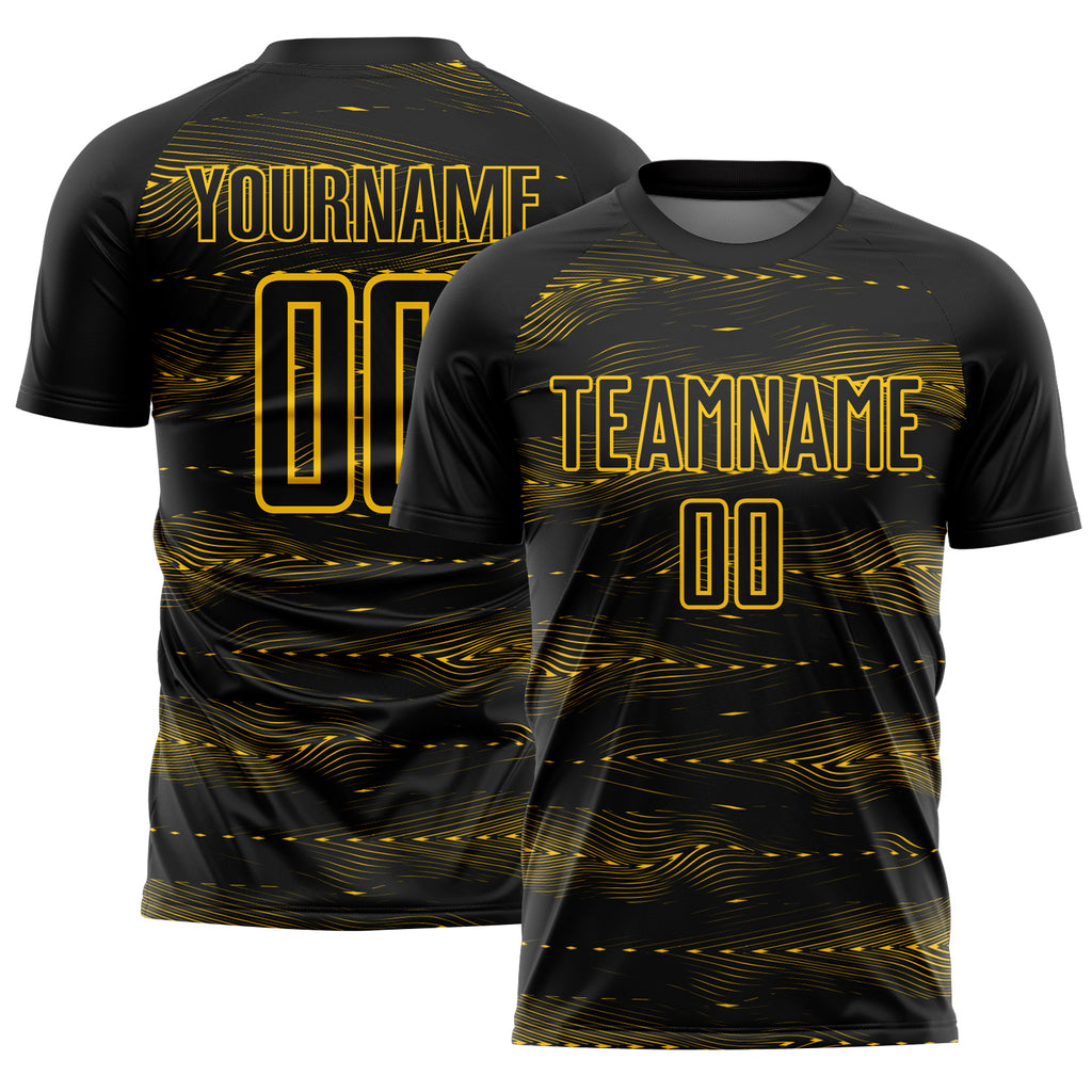 Custom Black Yellow Streamline Wave Cyberpunk Neon Tech Sports Sublimation Soccer Uniform Jersey