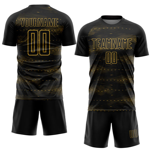 Custom Black Old Gold Streamline Wave Cyberpunk Neon Tech Sports Sublimation Soccer Uniform Jersey