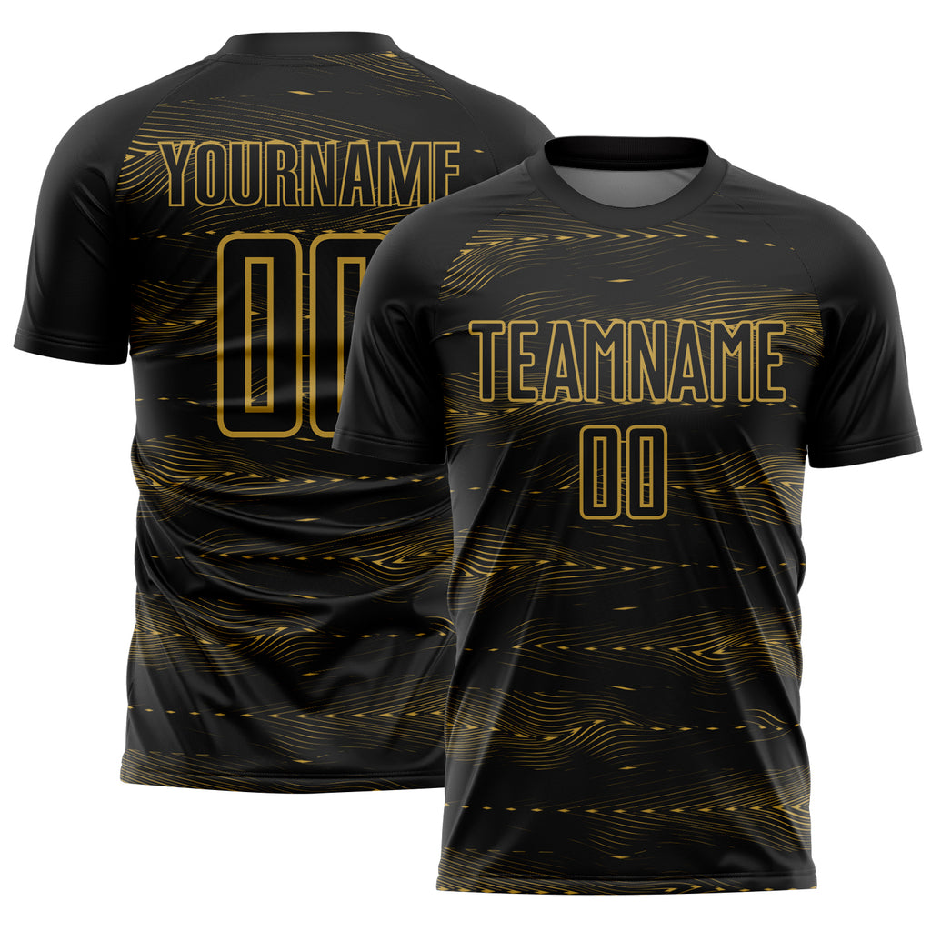 Custom Black Old Gold Streamline Wave Cyberpunk Neon Tech Sports Sublimation Soccer Uniform Jersey