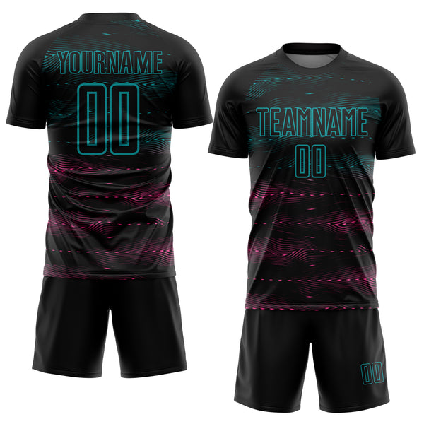 Custom Black Teal-Pink Streamline Wave Cyberpunk Neon Tech Sports Sublimation Soccer Uniform Jersey