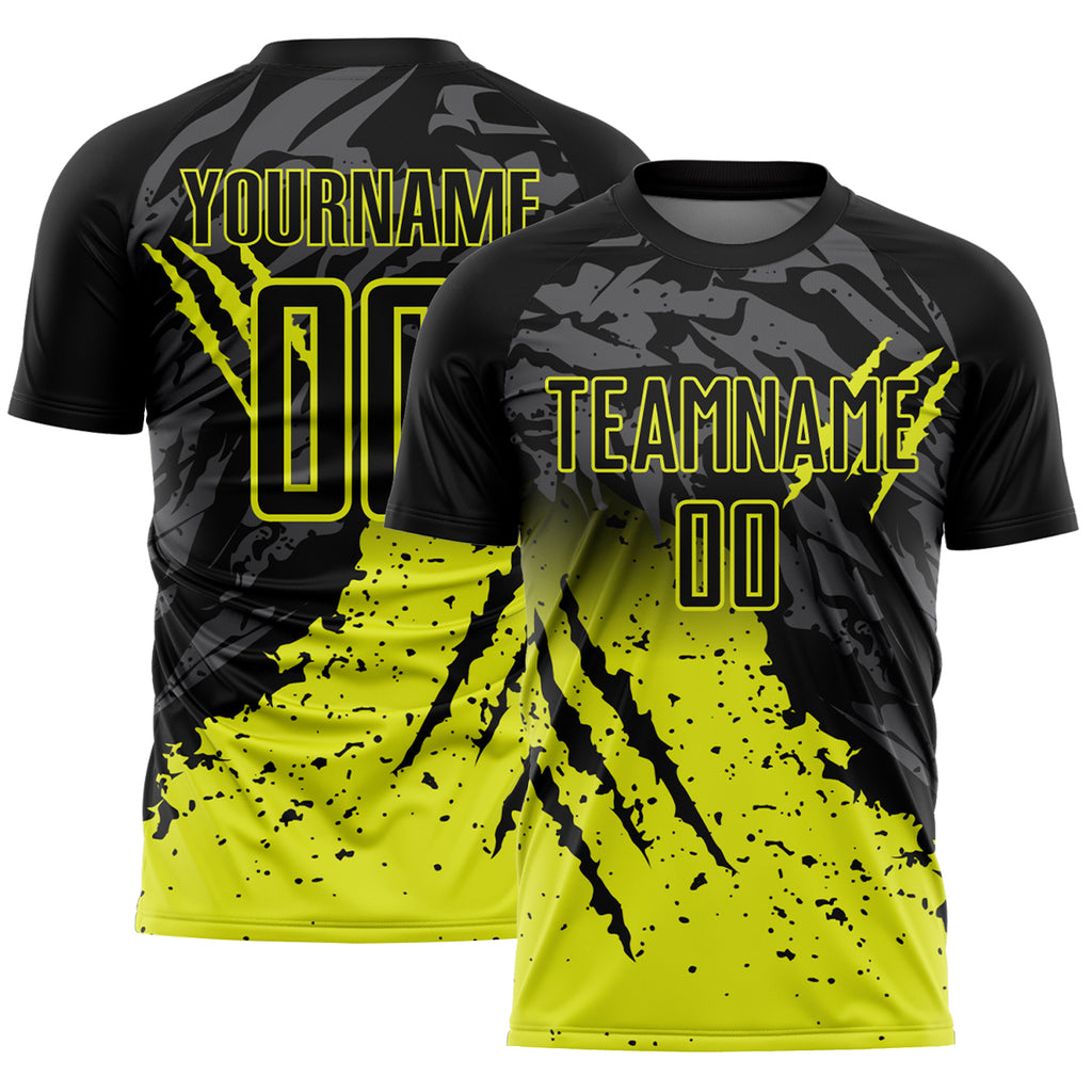Custom Black Neon Yellow Gradient Claw Mark Splatter Sports Sublimation Soccer Uniform Jersey