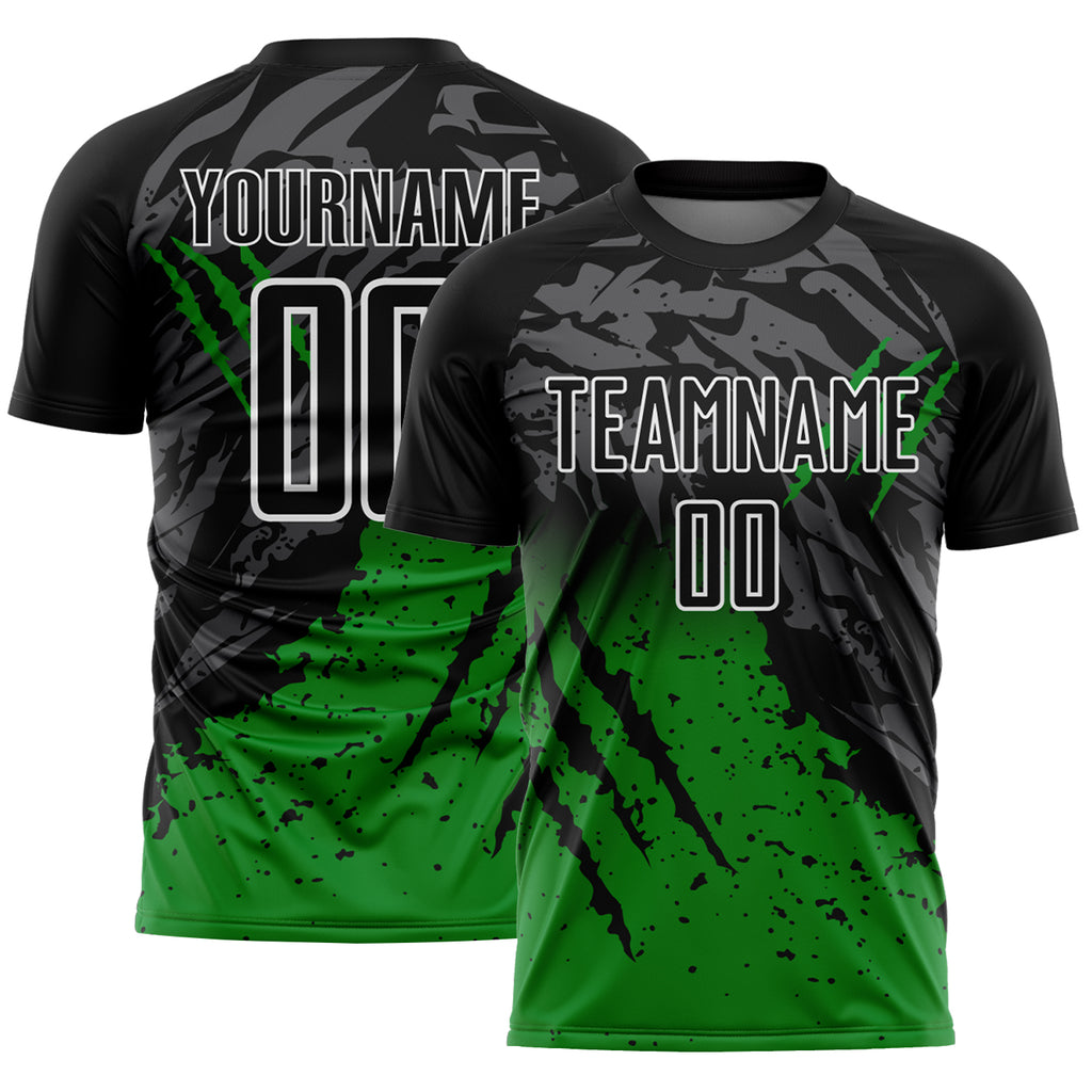 Custom Black White-Grass Green Gradient Claw Mark Splatter Sports Sublimation Soccer Uniform Jersey