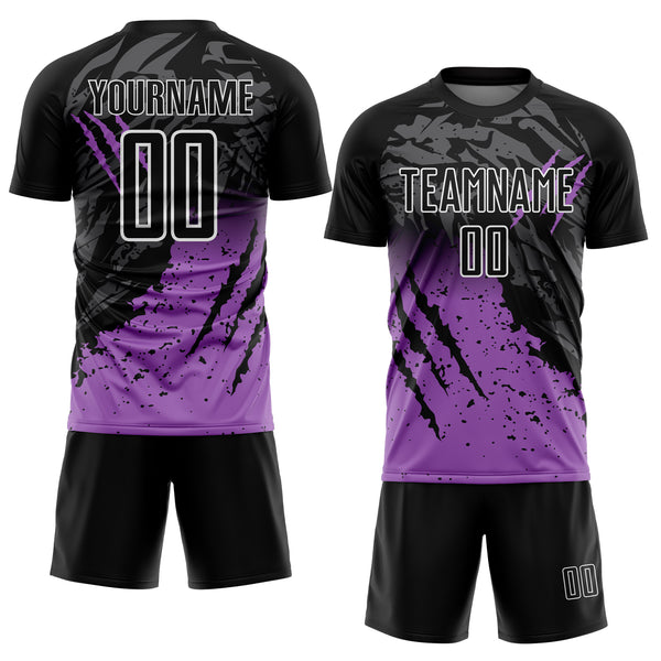 Custom Black White-Medium Purple Gradient Claw Mark Splatter Sports Sublimation Soccer Uniform Jersey