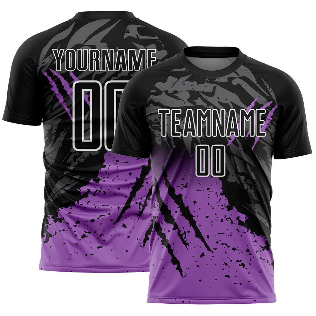 Custom Black White-Medium Purple Gradient Claw Mark Splatter Sports Sublimation Soccer Uniform Jersey