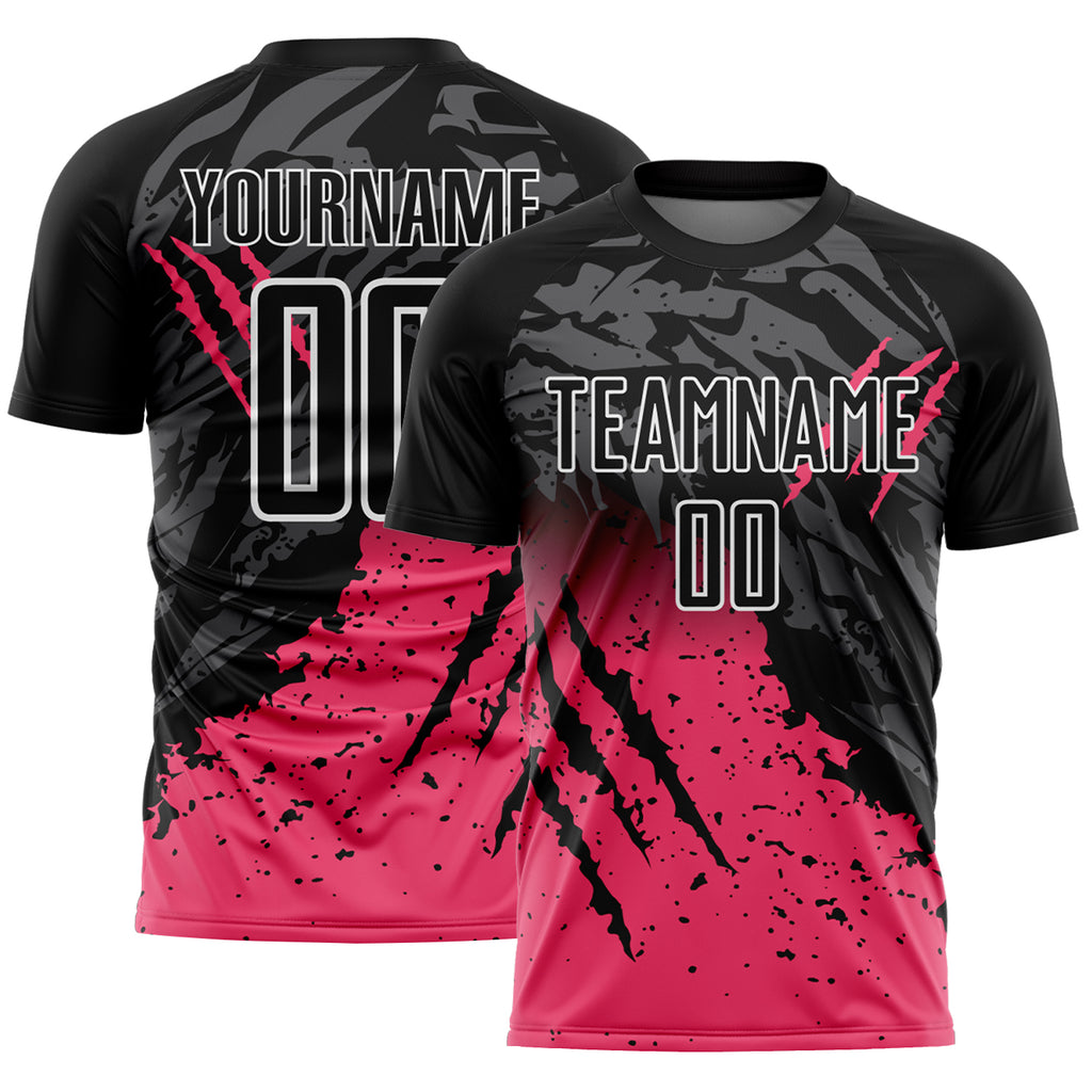 Custom Black White-Neon Pink Gradient Claw Mark Splatter Sports Sublimation Soccer Uniform Jersey