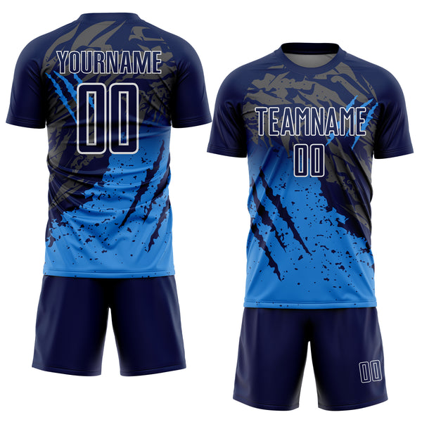 Custom Navy White-Powder Blue Gradient Claw Mark Splatter Sports Sublimation Soccer Uniform Jersey