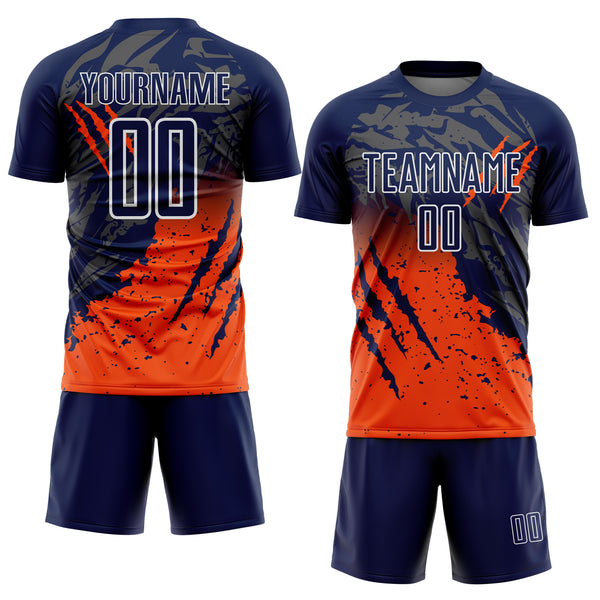 Custom Navy White-Orange Gradient Claw Mark Splatter Sports Sublimation Soccer Uniform Jersey
