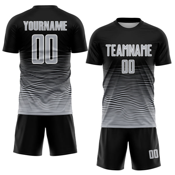 Custom Black Gray-White Gradient Wave Line Sports Sublimation Soccer Uniform Jersey