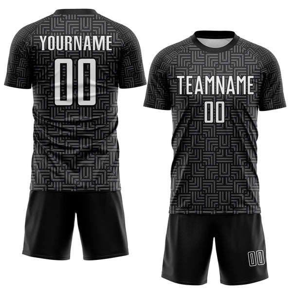 Custom Black White-Steel Gray Geometric Maze Interlocking Square Sports Sublimation Soccer Uniform Jersey