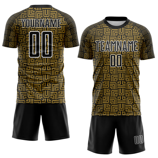 Custom Black Old Gold-White Geometric Maze Interlocking Square Sports Sublimation Soccer Uniform Jersey