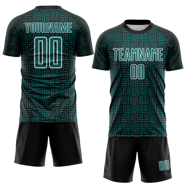 Custom Black Teal-White Geometric Maze Interlocking Square Sports Sublimation Soccer Uniform Jersey