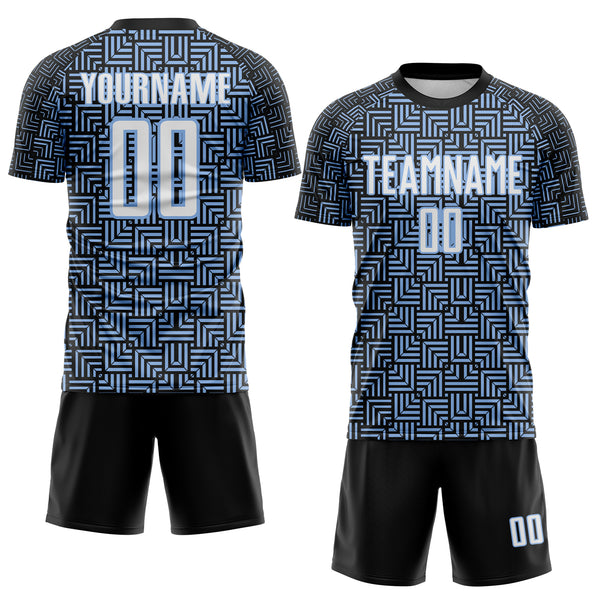 Custom Black White-Light Blue Geometric Maze Interlocking Square Sports Sublimation Soccer Uniform Jersey