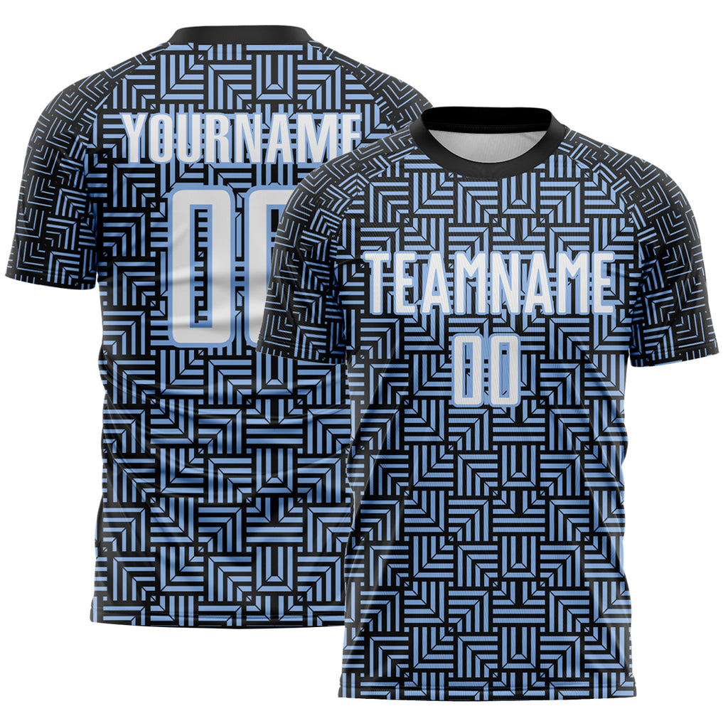 Custom Black White-Light Blue Geometric Maze Interlocking Square Sports Sublimation Soccer Uniform Jersey