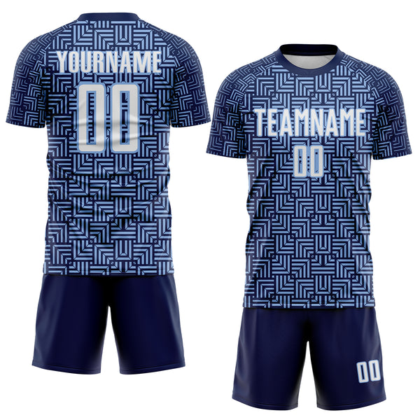 Custom Navy White-Light Blue Geometric Maze Interlocking Square Sports Sublimation Soccer Uniform Jersey