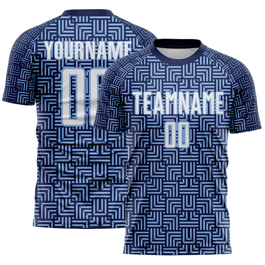 Custom Navy White-Light Blue Geometric Maze Interlocking Square Sports Sublimation Soccer Uniform Jersey