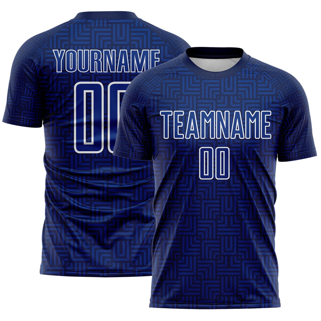 Custom Navy Royal-White Geometric Maze Interlocking Square Sports Sublimation Soccer Uniform Jersey