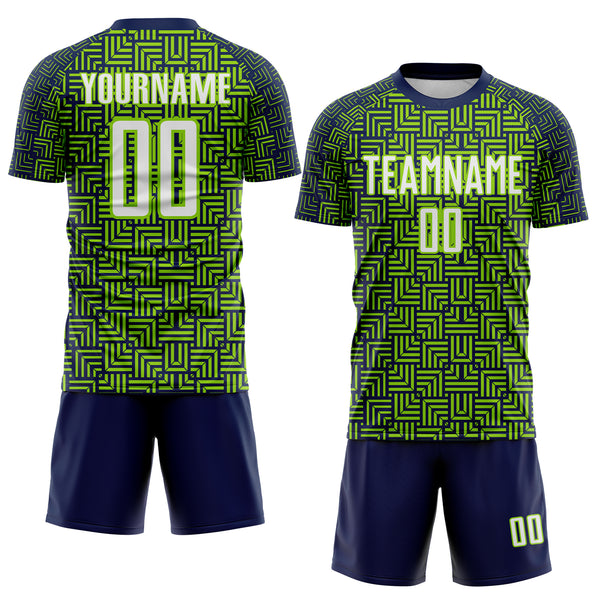 Custom Navy White-Neon Green Geometric Maze Interlocking Square Sports Sublimation Soccer Uniform Jersey