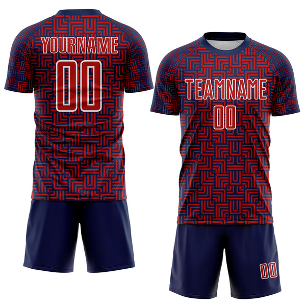 Custom Navy Red-White Geometric Maze Interlocking Square Sports Sublimation Soccer Uniform Jersey