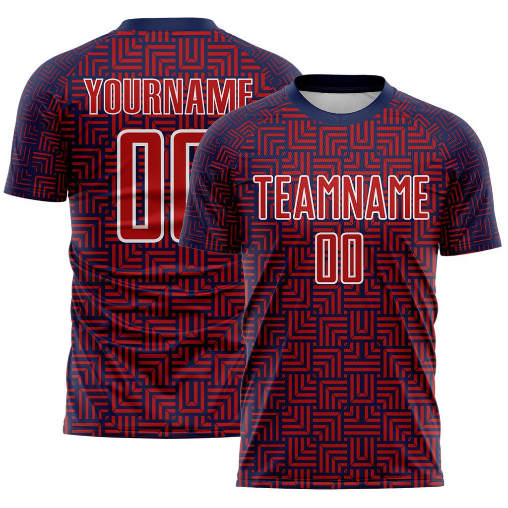 Custom Navy Red-White Geometric Maze Interlocking Square Sports Sublimation Soccer Uniform Jersey