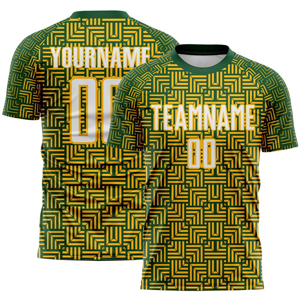 Custom Green White-Gold Geometric Maze Interlocking Square Sports Sublimation Soccer Uniform Jersey