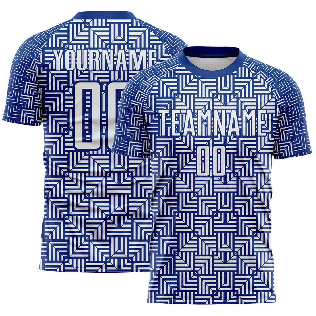 Custom Royal White Geometric Maze Interlocking Square Sports Sublimation Soccer Uniform Jersey