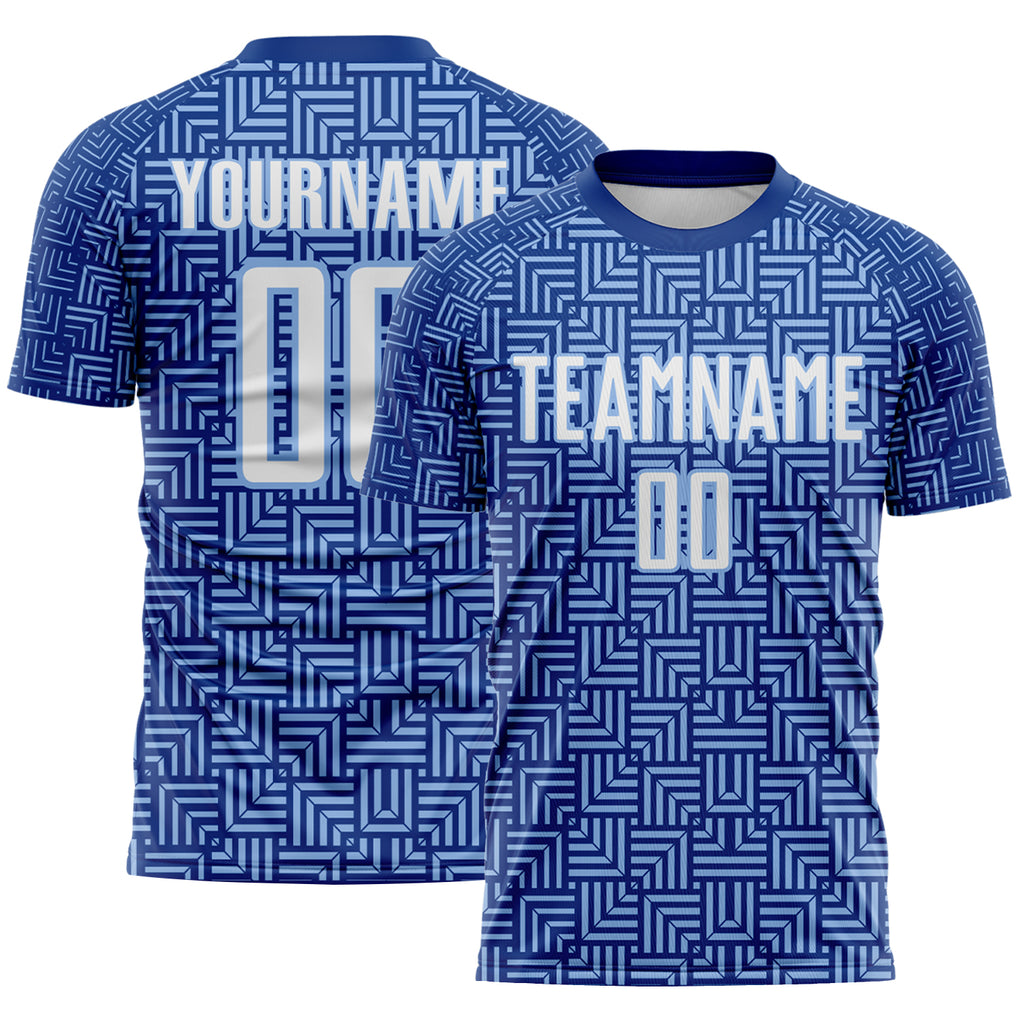 Custom Royal White-Light Blue Geometric Maze Interlocking Square Sports Sublimation Soccer Uniform Jersey