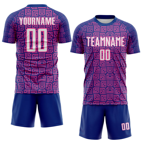 Custom Royal White-Pink Geometric Maze Interlocking Square Sports Sublimation Soccer Uniform Jersey