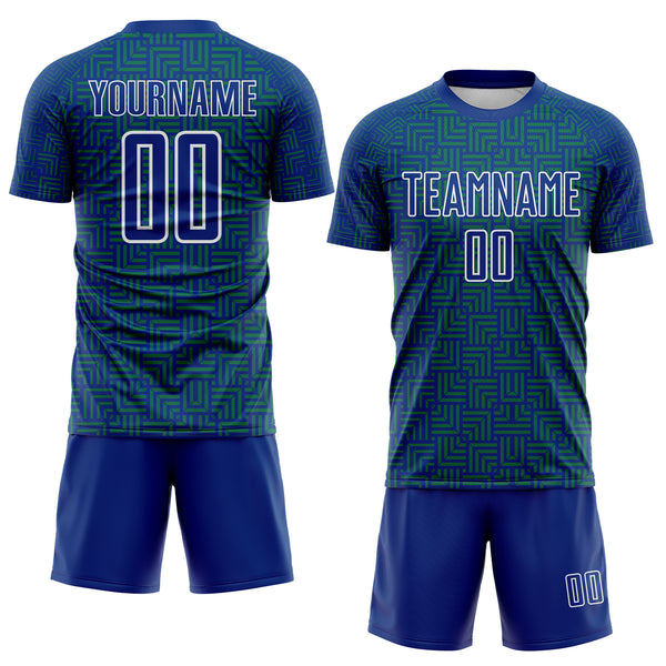 Custom Royal Kelly Green-White Geometric Maze Interlocking Square Sports Sublimation Soccer Uniform Jersey