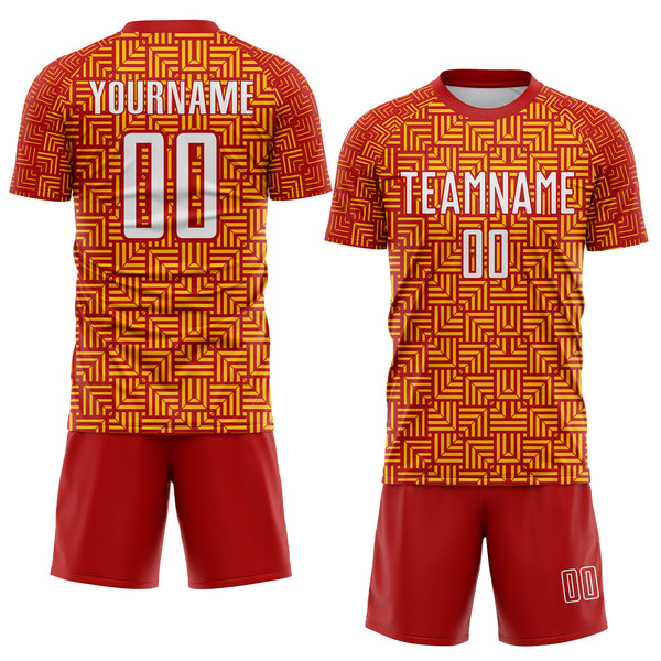 Custom Red White-Gold Geometric Maze Interlocking Square Sports Sublimation Soccer Uniform Jersey