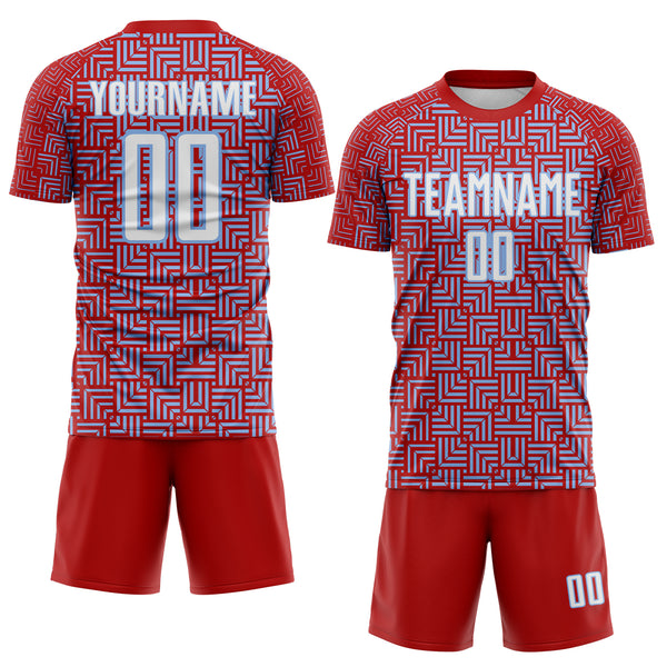 Custom Red White-Light Blue Geometric Maze Interlocking Square Sports Sublimation Soccer Uniform Jersey