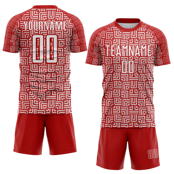 Custom Red White Geometric Maze Interlocking Square Sports Sublimation Soccer Uniform Jersey