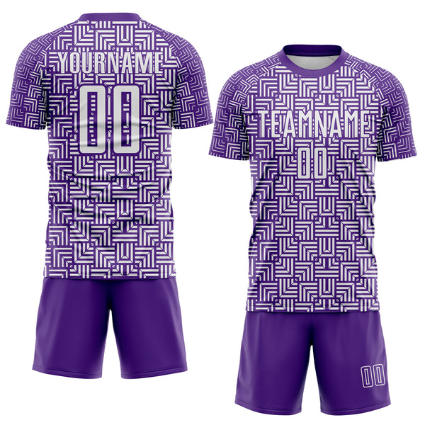 Custom Purple White Geometric Maze Interlocking Square Sports Sublimation Soccer Uniform Jersey