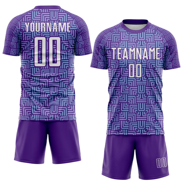 Custom Purple White-Light Blue Geometric Maze Interlocking Square Sports Sublimation Soccer Uniform Jersey
