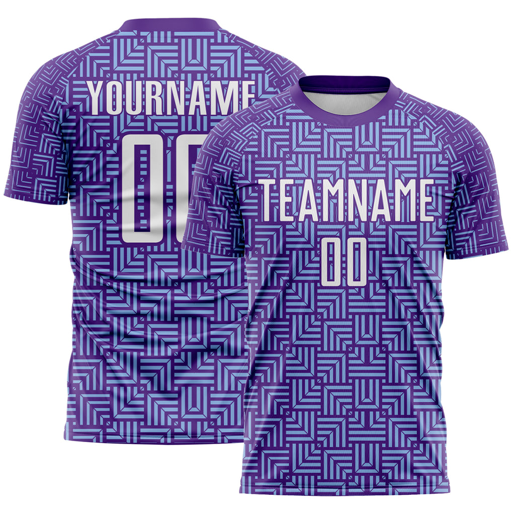 Custom Purple White-Light Blue Geometric Maze Interlocking Square Sports Sublimation Soccer Uniform Jersey