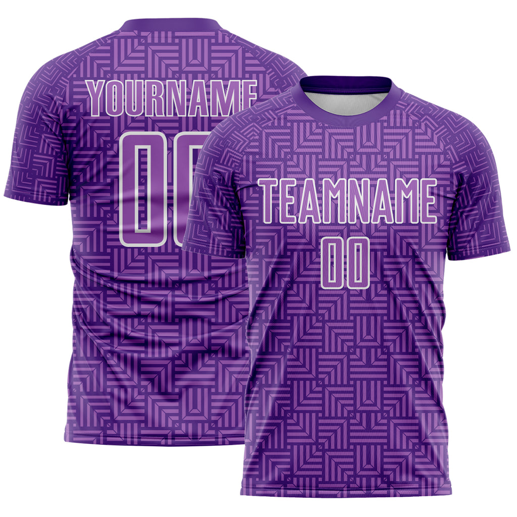 Custom Purple Medium Purple-White Geometric Maze Interlocking Square Sports Sublimation Soccer Uniform Jersey
