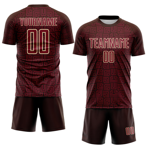 Custom Brown Crimson-Cream Geometric Maze Interlocking Square Sports Sublimation Soccer Uniform Jersey