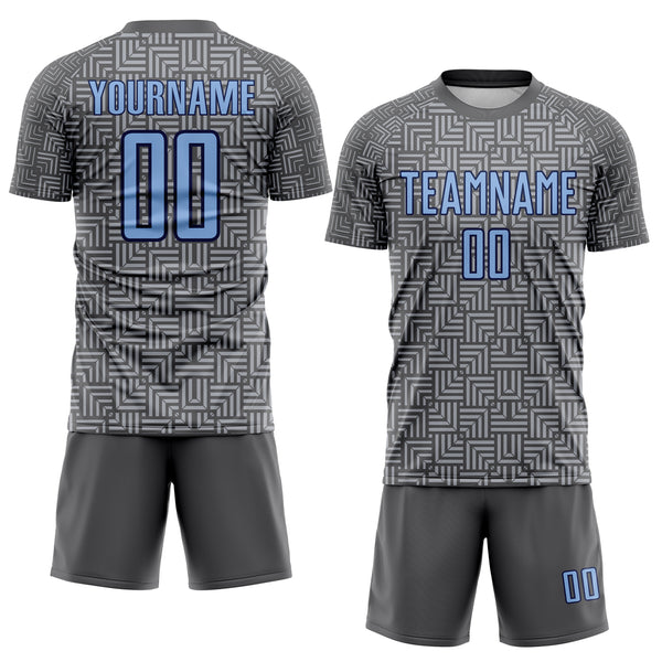 Custom Steel Gray Light Blue Navy-Gray Geometric Maze Interlocking Square Sports Sublimation Soccer Uniform Jersey