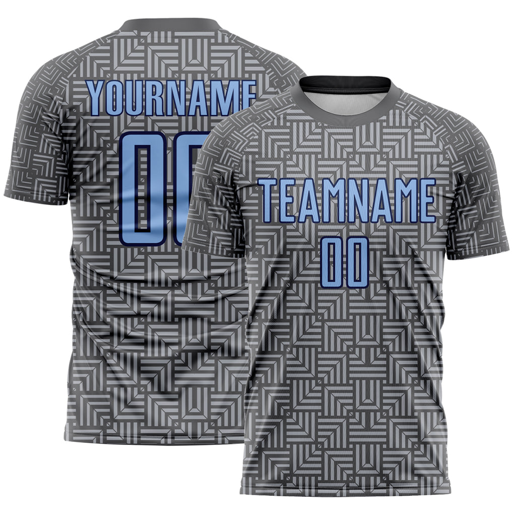 Custom Steel Gray Light Blue Navy-Gray Geometric Maze Interlocking Square Sports Sublimation Soccer Uniform Jersey