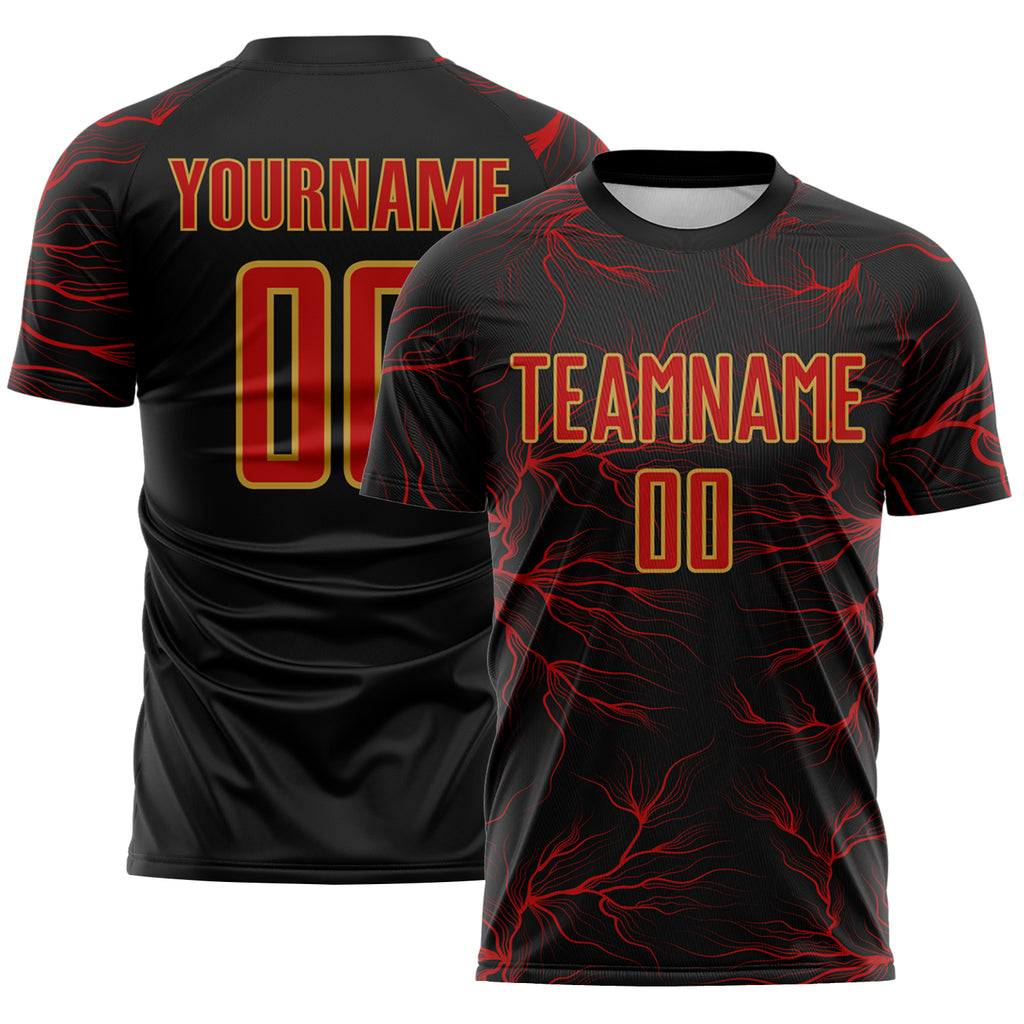 Custom Black Red-Old Gold Lightning Electric Veins Sublimation Soccer Uniform Jersey