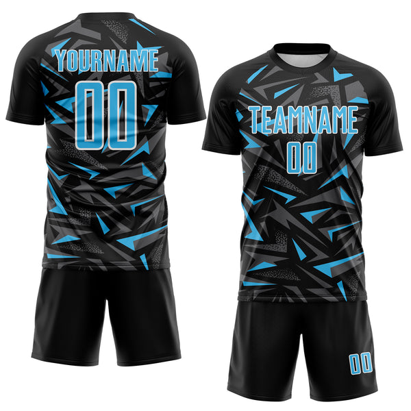 Custom Black Sky Blue Steel Gray-White Cyber Mecha E-sport Geometric Shards Spike Sublimation Soccer Uniform Jersey