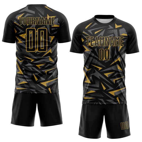 Custom Black Old Gold-Steel Gray Cyber Mecha E-sport Geometric Shards Spike Sublimation Soccer Uniform Jersey