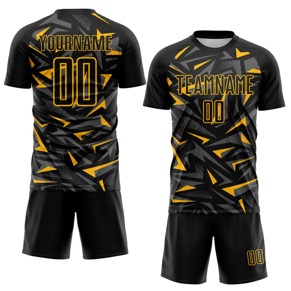 Custom Black Gold-Steel Gray Cyber Mecha E-sport Geometric Shards Spike Sublimation Soccer Uniform Jersey