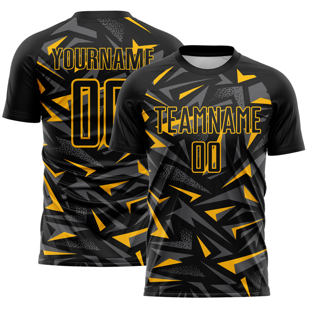 Custom Black Gold-Steel Gray Cyber Mecha E-sport Geometric Shards Spike Sublimation Soccer Uniform Jersey