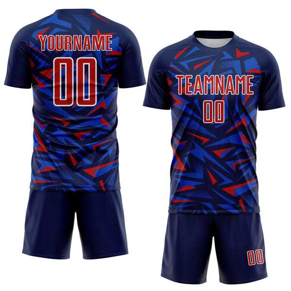 Custom Navy Red Thunder Blue-White Cyber Mecha E-sport Geometric Shards Spike Sublimation Soccer Uniform Jersey