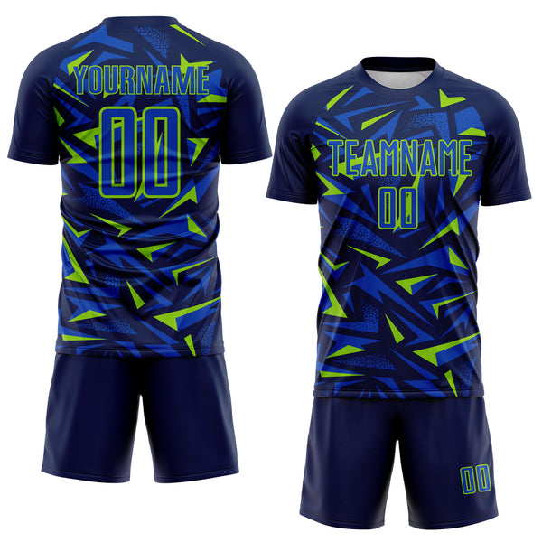 Custom Navy Thunder Blue-Neon Green Cyber Mecha E-sport Geometric Shards Spike Sublimation Soccer Uniform Jersey