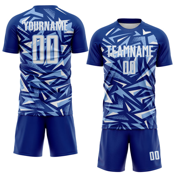 Custom Royal White-Light Blue Cyber Mecha E-sport Geometric Shards Spike Sublimation Soccer Uniform Jersey