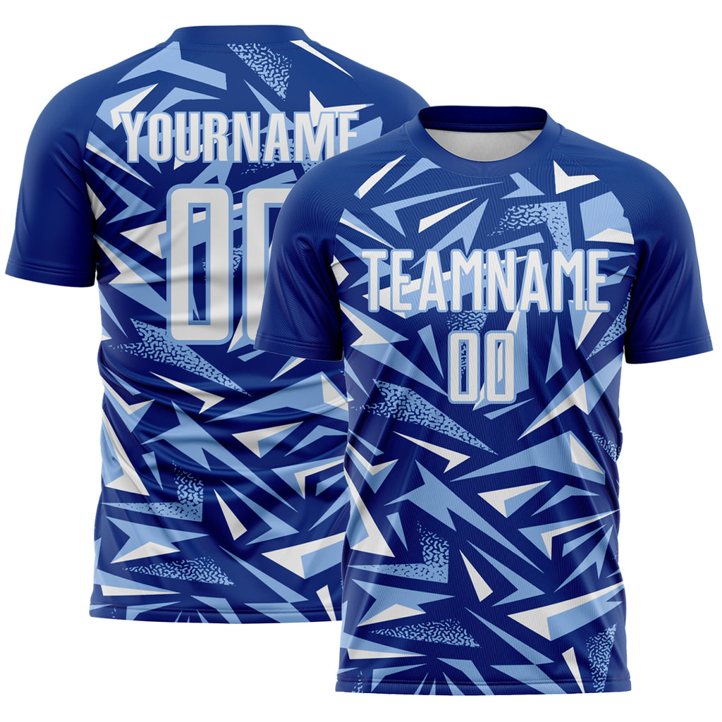 Custom Royal White-Light Blue Cyber Mecha E-sport Geometric Shards Spike Sublimation Soccer Uniform Jersey