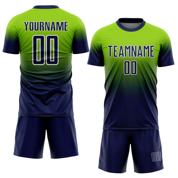 Custom Neon Green Navy-White Fade Fashion Sublimation Soccer Uniform Jersey