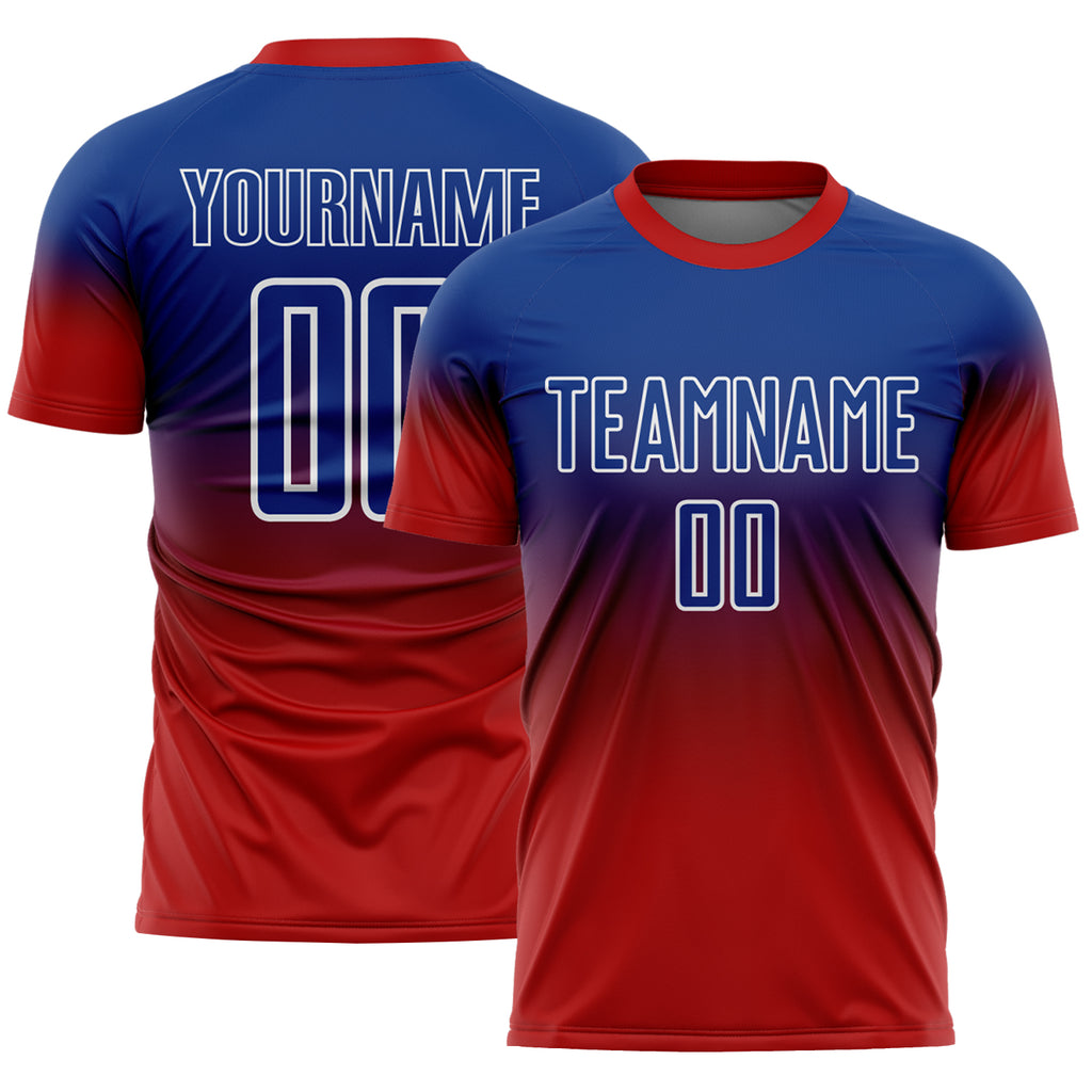 Custom Royal White-Red Fade Fashion Sublimation Soccer Uniform Jersey