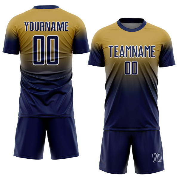 Custom Old Gold Navy-White Fade Fashion Sublimation Soccer Uniform Jersey